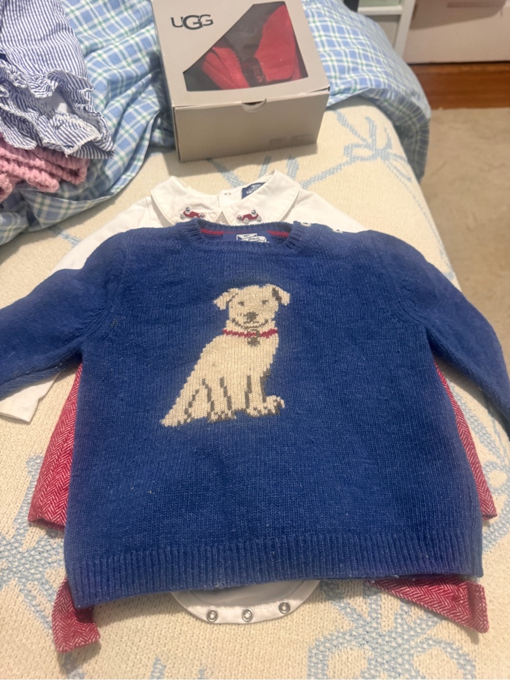 Trotters Blue Knit Sweater with Cream Dog Motif (fits from 3 - 12 mos